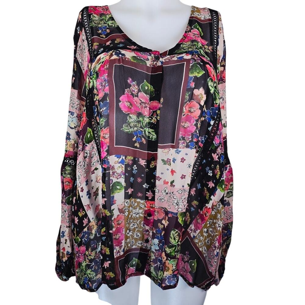 Johnny Was Jade Sheer Floral Patchwork Button Balloon Sleeve Women's Blouse L